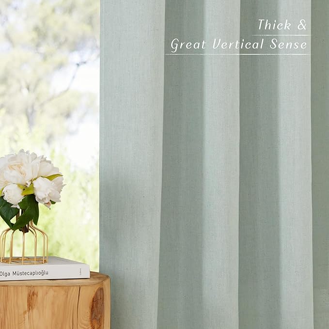 NICETOWN Rustic Linen 132 inch Long Curtains for Living Room, Grommet Privacy Added Thick Linen Weave with Light Filter Window Curtains & Drapes for Bedroom, Sage Green, W55 x L132, 2 Panels