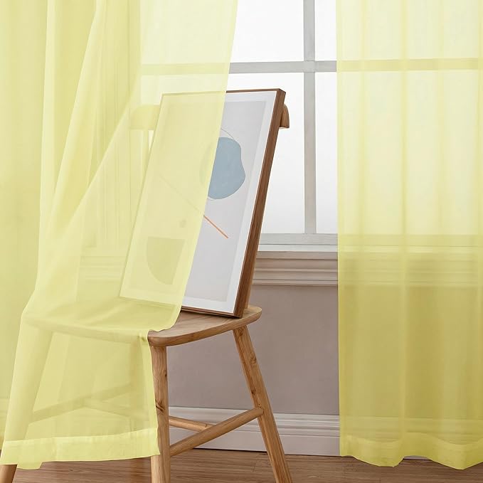 OWENIE Sheer Curtains 78 Inches Long 2 Panels Set for Bedroom Living Room, Soft Solid Light Filtering Sheer Curtain Rod Pocket Clear Drapes for Window Sliding Door, Light Yellow, 42" W x 78" L