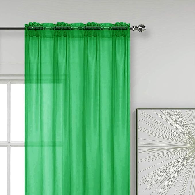 SpaceDresser Sheer Voile Window Treatment Rod Pocket Curtain Panels for Kitchen Bedroom Living Room Drapes Sunlight Filtering Privacy Semi Home Decor Assorted Colors Sizes (Green, 52 W x 90 L)