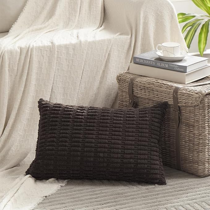 Fancy Homi 4 Packs Boho Dark Brown Decorative Throw Pillow Covers 16x24 Inch for Living Room Couch Bed Sofa, Rustic Modern Farmhouse Home Decor, Soft Plush Corduroy Cute Square Cushion Case 40x60 cm