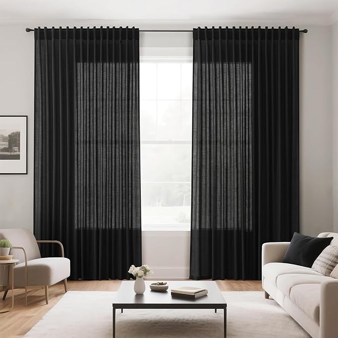 Black Linen Curtains 120 inch Extra Long for Living Room Back Tab Light Filtering Semi Sheer Drapes Modern Farmhouse Muslin Look Decor Cotton Textured Curtain for Floor to Ceiling Window 10 FT