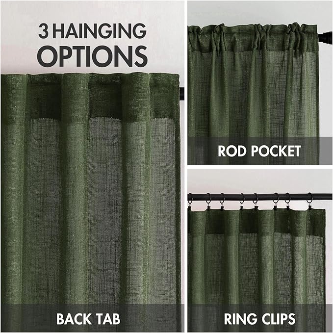 MIULEE Olive Green Linen Curtains 120 Inches Long for Bedroom Living Room, Soft Thick Linen Textured Window Drapes Semi Sheer Light Filtering Back Tab Rod Pocket Burlap Look, 2 Panels