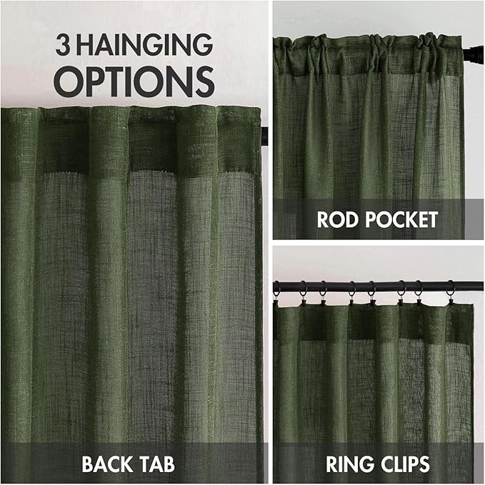 MIULEE Olive Green Short Linen Curtains 45 Inch Length 2 Panels for Kitchen Bedroom Bathroom, Soft Thick Linen Textured Basement Window Drapes Semi Sheer Light Filtering Back Tab Burlap Look Decor