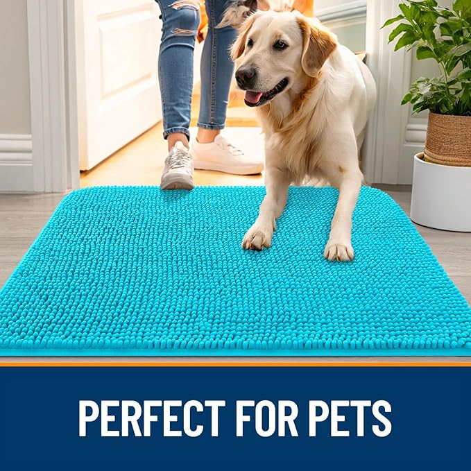 OLANLY Dog Door Mat for Muddy Paws 48x30, Absorbs Moisture and Dirt, Absorbent Non-Slip Washable Doormat, Quick Dry Chenille Mud Mat for Dogs, Entry Indoor Entryway Carpet for Inside Floor, Aqua Blue