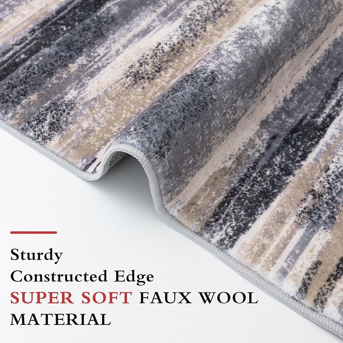 Lansny Modern Abstract Runner Rug 2.6x10, Grey Black Multi Washable Long Kitchen Runner Non-Slip Soft Hallway Rug Runner Thin Print Faux Wool Carpet for Entryway Bedroom Laundry Room Indoor Home Decor