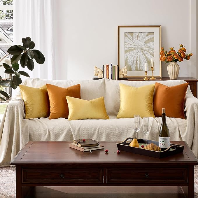 GIGIZAZA Yellow Velvet Decorative Throw Pillow Covers 20x20 inch for Sofa Bed 2 Pack Soft Cushion Cover