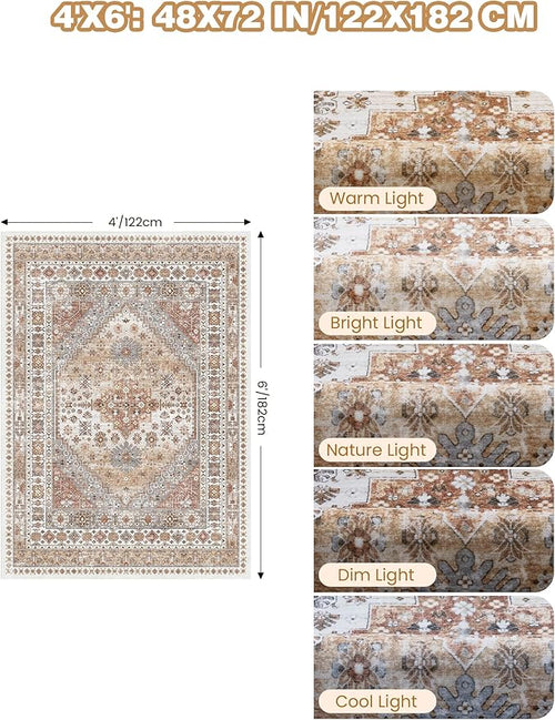 4x6 Area Rugs for Living Room, Non-Slip Backing Small Kids Rugs for Bedroom, Vintage Floral Rug Home Decor, Low Pile Soft Washable Rug for Kitchen, Dining Room (Orange,4'x6')