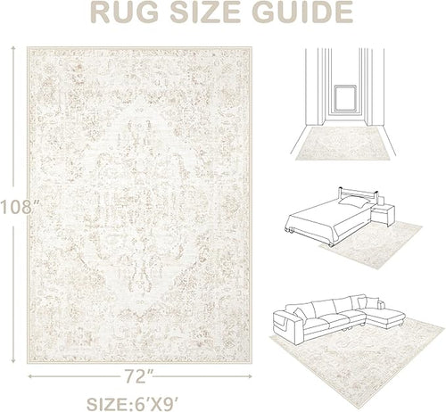 6x9 Area Rugs for Living Room: Washable Rug Vintage Large Rugs Soft Non Slip Low Pile Rug Floral Distressed Floor Carpet for Bedroom Kitchen Nursery Dining Room Home Office (Beige, 6'x9')