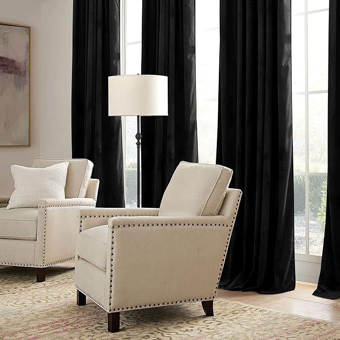 RYB HOME Black Velvet Curtains 102 inches with Hook Belt, Soft Fabric Room Darkening Thermal Insulated Luxurious Home Decor Curtains for Living Room Bedroom, W 52" x L 102", 2 Panels Set