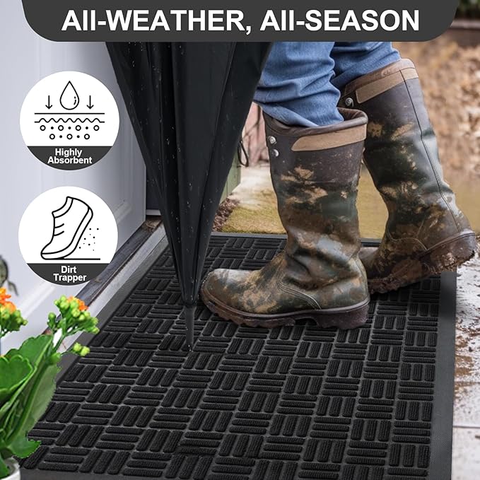 Mibao Front Door Mat, Heavy Duty Durable Welcome Mat for Outdoor Indoor, Dirt Trapper Waterproof Super Absorbent Door Mat for Entryway Outside Patio Porch, 61.5" x 36", Black