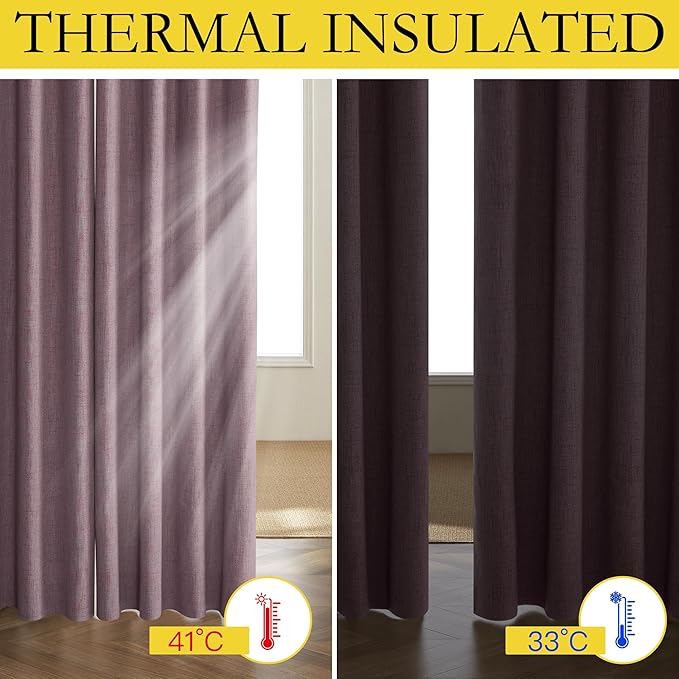 NICETOWN Chaise Mauve Vintage Linen 100% Blackout Curtains for Kitchen, Thermal Insulated Curtains 63" Long, Noise Reducing Window Treatment Drapes for Dorm Room, 62" Wide Per Panel, Set of 2