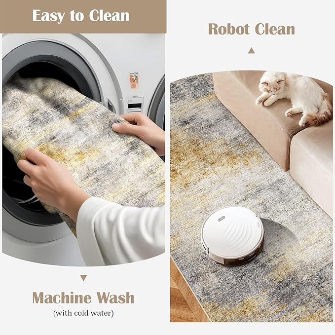 2'6''x16' Washable Kitchen Runner Rug: Modern Abstract Runners for Hallway Soft Non Slip Rugs with Rubber Backing Low Pile Thin Floor Carpet for Entryway Bedroom Bathroom Indoor(Grey/Yellow,2'6''x16')