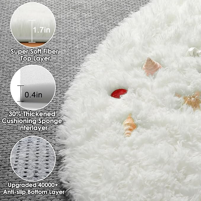 ONASAR Cream White Round Area Rugs 6ft, Fluffy Soft Bedroom Circle Rug Floor Mat for Kids Girls Boys Teen Room, Fuzzy Plush Shaggy Carpet for Baby Nursery Living Room Playroom Dorm Home Decor