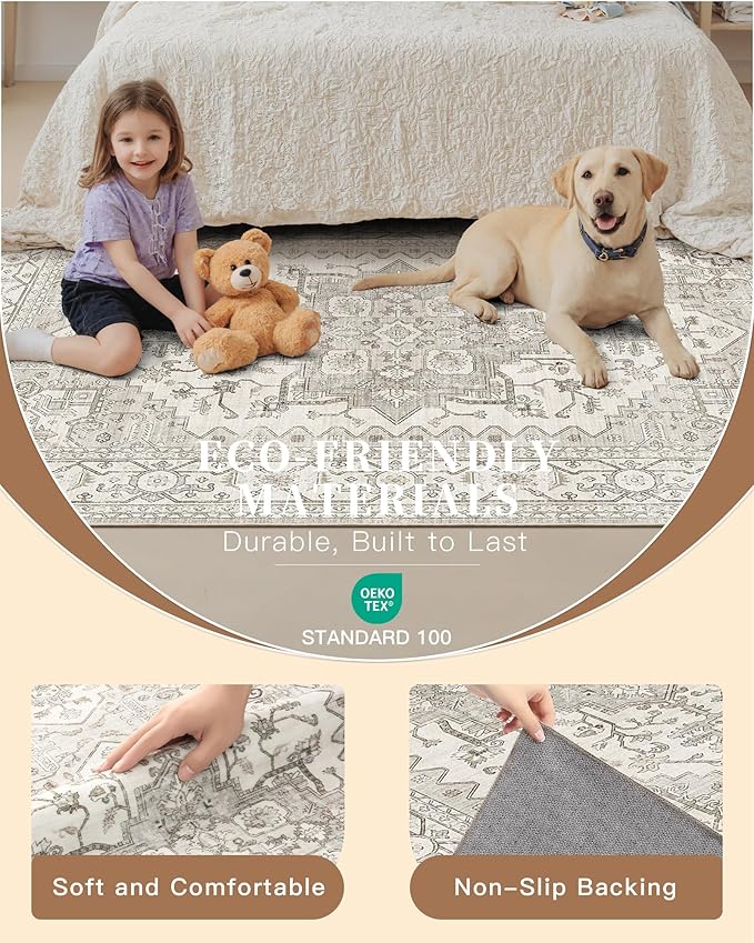 Madane Hallway Runner Rug 2'6''x12', Non Slip Vintage 12ft Runners for Hallways Washable Kitchen Rugs Soft Low Pile 2.5x12 ft Rug Runner for Laundry Room, Entryway and Bedroom, Beige/Brown