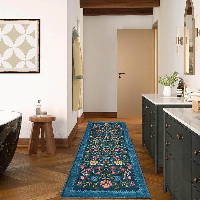 GarveeHome Floral Rug 2x6 Runners for Hallways, Boho Kitchen Runner Rugs Non Slip Bath Runners, Vintage Washable Runner Rug for Bedroom, Soft Long Rugs for Entryway Bathroom Laundry Dorm, Blue