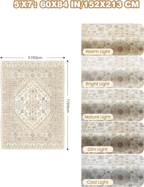 Area Rugs 5x7, Ultra-Thin Washable Rugs for Living Room, Anti-Slip Backing Area Rug for Bedroom, Soft Floral Vintage Home Decor Rug for Dining Room(Cream/Beige,5'x7')