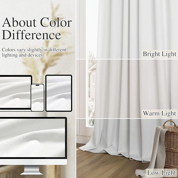 Guken White 100% Blackout Linen Curtains 40 Inch Wide by 96 Inch 2 Panels Set for Living Room Bedroom Back Tab Thermal Insulated Black Out Drapes Room Darkening Window Curtains
