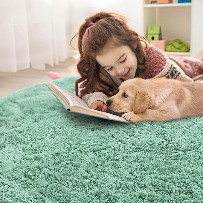 OLANLY Mint Green Round Rugs for Bedroom - Machine Washable, 9 ft Circle Area Rugs for Living Room, Soft and Fluffy Shaggy Carpet for Teen Girls and Boys, Nursery Rooms, Dorms, Home Decor Aesthetic