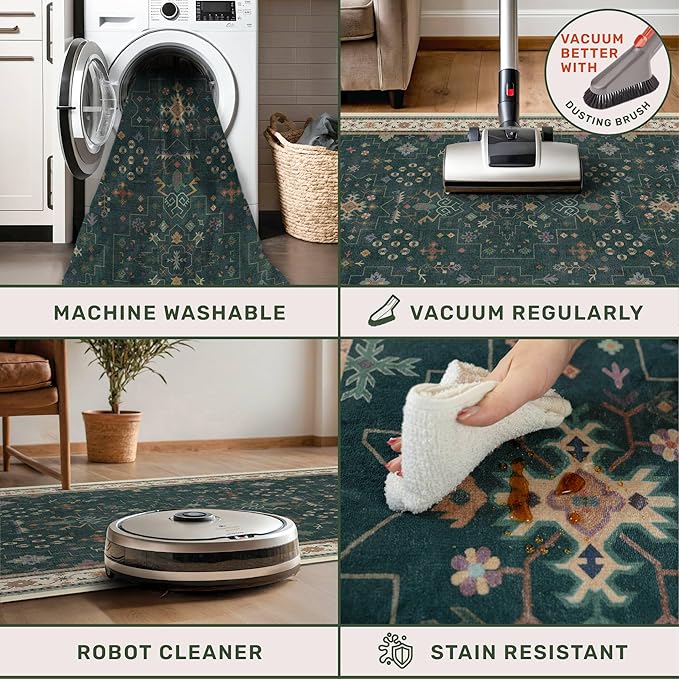 Hazo Haus Vintage Dark Green 7x9 Dining Room Rugs for Under Kitchen Table - Washable Livinig Room Rug - Unique Floral Pastel Low Pile Non-Slip Area Rugs for Bedroom