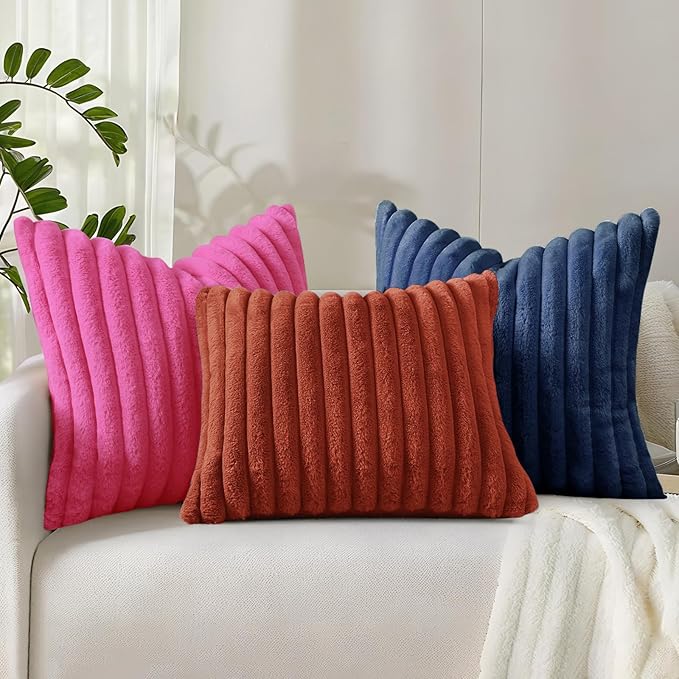 decorUhome Cozy Faux Fur Throw Pillow Covers 12x20 Set of 2 Decorative Soft Plush Striped Lumbar Modern Farmhouse Boho Couch Pillow Cases with Velvet Back for Sofa Bed Living Room, Blue