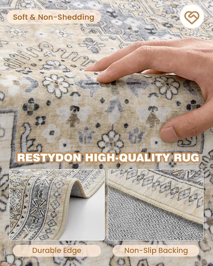 3x8 Runner Rug Non Slip Washable for Entryway, Front Porch, Vintage Hallway Runner for Laundry Room, Bedroom, Stain Resistant Thin Indoor Kitchen Mats for Floor(Beige,3'x8')