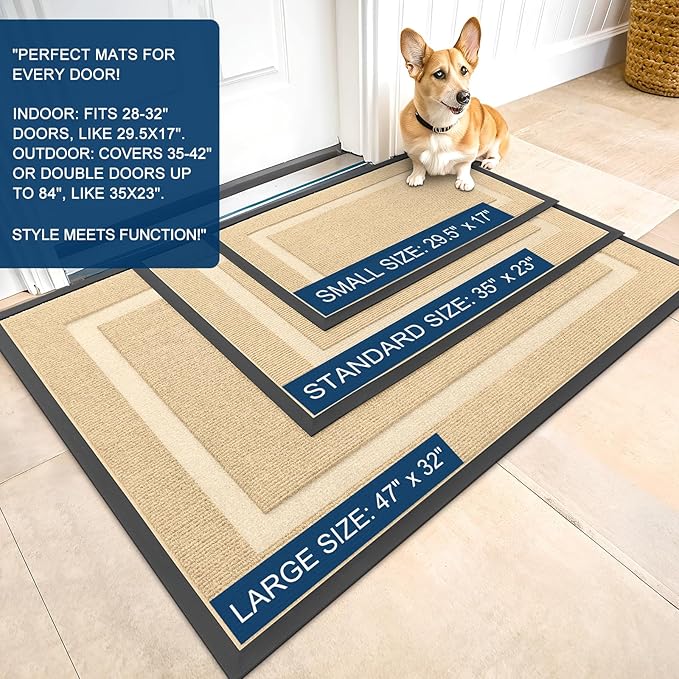 OLANLY Front Door Mat Indoor Outdoor Entrance, Waterproof All-Season, All-Weather Doormat, Sturdy Natural Rubber, Fade Resistant, Low Profile, Easy Clean Patio Porch Entryway Mat, 33x21, Beige