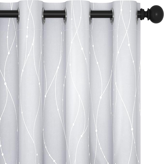 Deconovo Bedroom Curtains, Room Darkening Drapes, Thermal Insulated Soundproof Panel, Silver Wave Dot Print, 52 x 72 Inch, Machine Washable Window Panels for Living Room Home, Set of 2, Greyish White