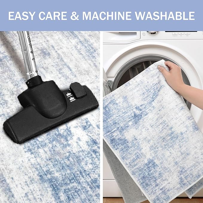 IOHOUZE Abstract Runner Rug 2x8 Ft Washable Runners for Hallways, Non Slip Kitchen Runner Printed Faux Wool Entryway Runner Indoor, Modern Floor Carpet for Hall Kitchen Bedroom, Light Blue Grey