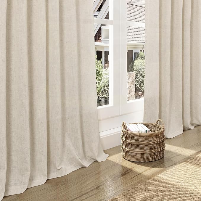 Birch Beige Linen Curtains for Living Room 100 Inches Long Light Filtering Semi Sheer Curtain Back Tab Modern Farmhouse Decor Elegant Luxury Coastal Drapes for Bedroom Dinner Room 52x100, 2 Panels