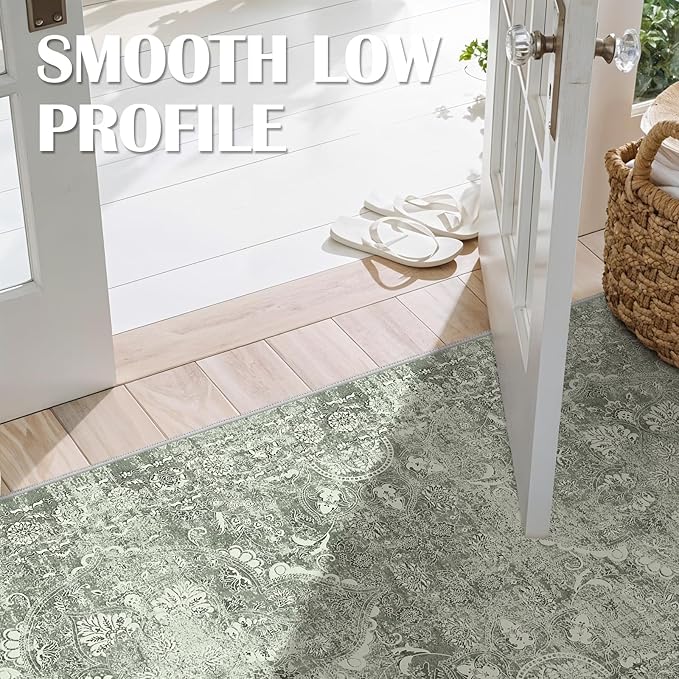 2'6"x16' Washable Hallway Runner Rug - Non Slip Kitchen Runner Rugs with Rubber Backing Vintage Low-Pile Carpet Runners for Entryway Dining Room Laundry Room Home Decor (Muted Sage Green)