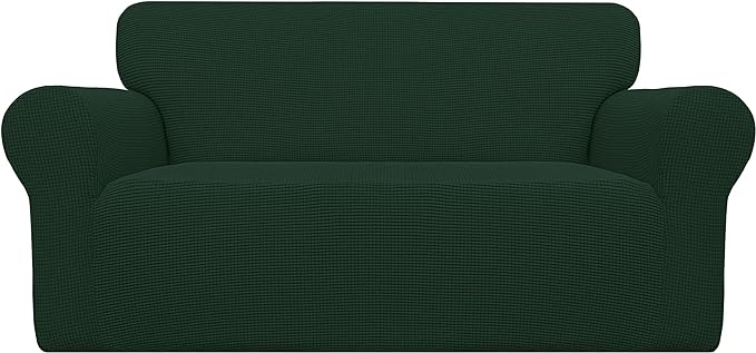 Easy-Going Stretch Loveseat Slipcover 1-Piece Sofa Cover Furniture Protector Couch Soft with Elastic Bottom for Kids Polyester Spandex Jacquard Fabric Small Checks (Loveseat, Dark Green)
