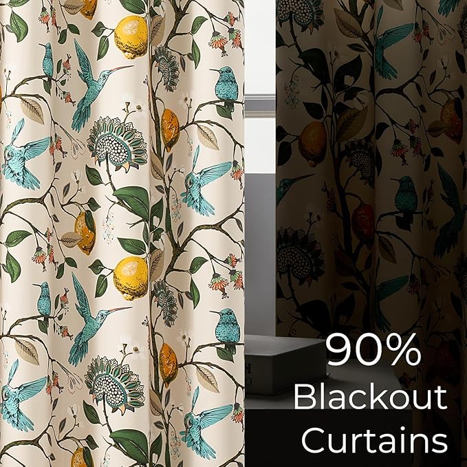 Topfinel Floral Curtains 90 Inches Long 2 Panels Unique Natural Beige Luxury Elegant Colorful Euro Flower Hummingbird Patterned Rustic Vintage Grommet Drapes for Classroom Room Office Closet 52x90
