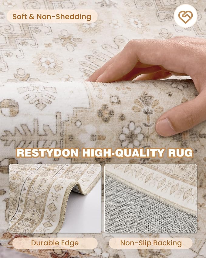 Entryway Rug - 2x3 Washable Rug Runner for Bathroom, Laundry Room, Kitchen, Soft Vintage Hallway Runner for Bedroom, Non-Slip Door Mat Indoor Entrance(Cream/Beige,2'x3')