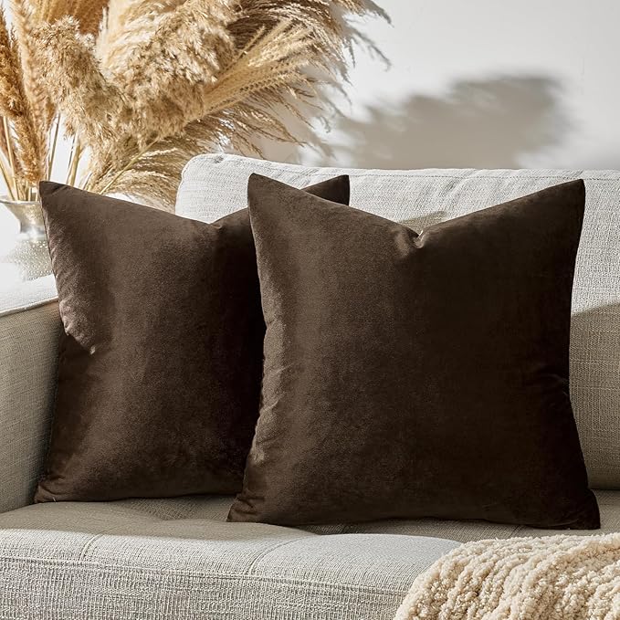 GIGIZAZA Brown Velvet Pillow Covers 18x18,Square Solid Throw Pillow Covers Decorative Modern Pillows Small Vintage Cases for Couch Pack of 2