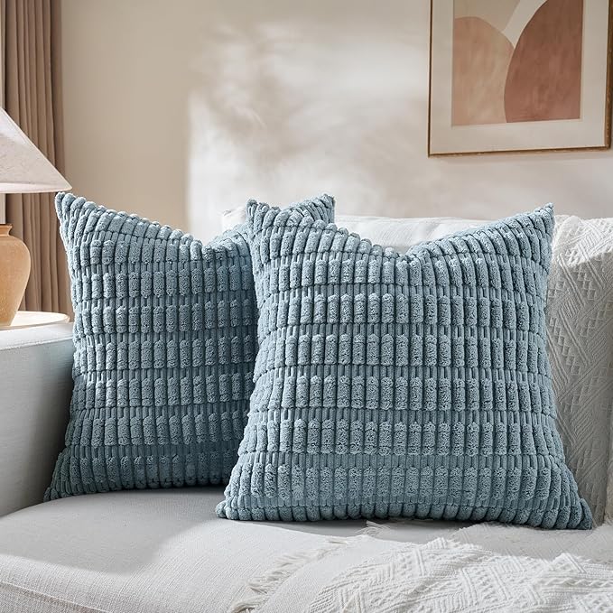 Fancy Homi 4 Packs Boho Light Blue Decorative Throw Pillow Covers 16x16 Inch for Couch Bed Sofa, Rustic Modern Farmhouse Home Decor, Soft Plush Corduroy Cute Square Cushion Case 40x40 cm