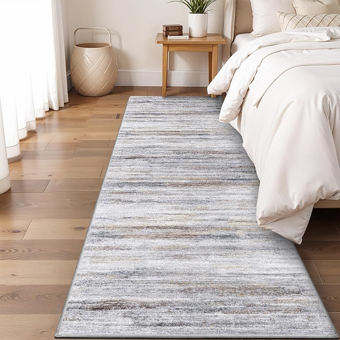 2x7 Washable Runner Rugs for Hallway: Easy-to-Clean Abstract Runners for Entryway Bedroom - Stain and Water Resistant Rugs with Non-Slip Backing - Soft Low-Pile Carpet Beige Grey