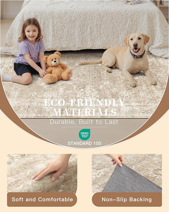 Madane Washable Runner Rug 2x6, Kitchen Hallway Runner Rug with Non-Slip Rubber Backing, Vintage Soft Low Pile Carpet Runner for Entryway Laundry Bathroom Bedroom Living Room (2 x 6, Beige/Brown)