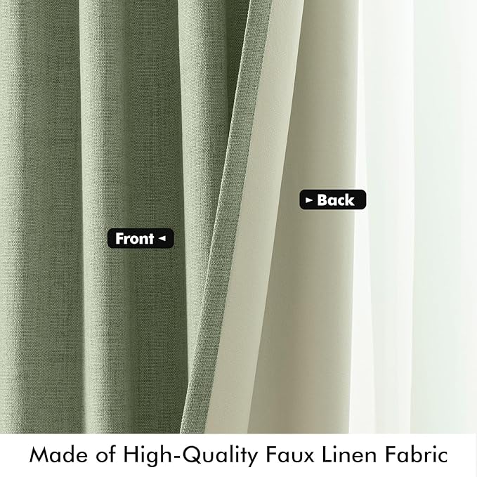 MIULEE 100% Blackout Linen Curtains for Bedroom, Sage Green Solid Luxury Decor Thermal Insulation Room Darkening Drapes for Living Room Nursery Back Tab Rod Pocket 42 x 108 Inches, 2 Panels