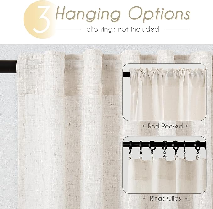 Natural Linen Curtain 92 inch Length 2 Panels Set Back Tab Light Filtering Living Room Curtain Drapes Home Office Modern Minimalist Decor Farmhouse Boho Neutral Cream Semi Sheer Curtain 92 inch Long