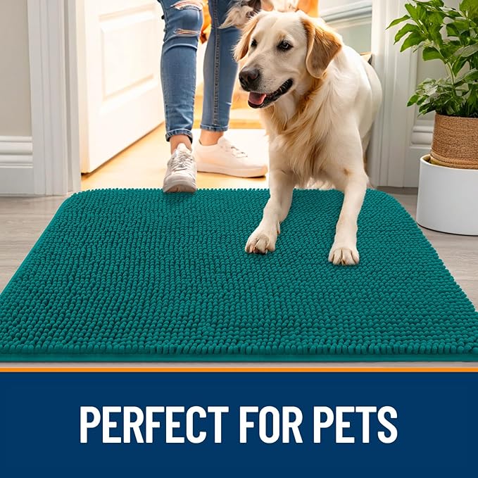 OLANLY Dog Door Mat for Muddy Paws 59x24, Absorbs Moisture and Dirt, Absorbent Non-Slip Washable Doormat, Quick Dry Chenille Mud Mat for Dogs, Entry Indoor Entryway Carpet for Inside Floor, Lake Blue