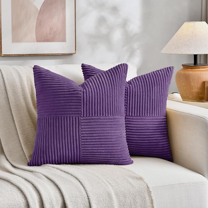 Fancy Homi 2 Packs Purple Samll Decorative Throw Pillow Covers 12x12 Inch with for Living Room Couch Sofa, Rustic Farmhouse Boho Home Decor, Soft Corss Patchwork Corduroy Square Cushion Case 30x30 cm