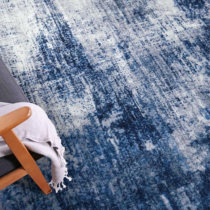 IOHOUZE Abstract Round Area Rug 6 Ft Washable Circle Rugs Large Round Rug Non Slip Thin Soft Circle Rugs, Printed Faux Wool Floor Carpet for Bedroom Living Room Dining Room Nursery, Navy/Grey