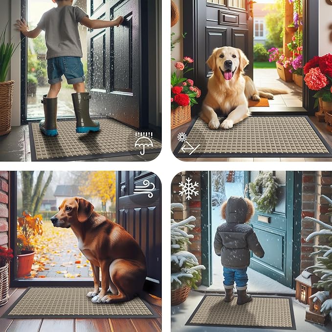 Smiry Front Door Mat Outside Entrance, Heavy Duty Natural Rubber Doormat, Non Slip, Trap Dirt and Moisture, Easy Clean, Low Profile Welcome Floor Mats for Indoor Outdoor Entry, 59x23 Inch, Beige