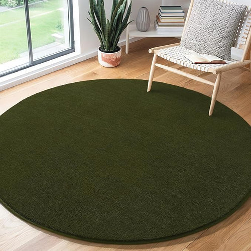 Amearea Olive Green Round Area Rugs 4ft Washable Circle Rugs for Bedroom Living Room, Fluffy Indoor Thickened Memory Foam Rug, Non Slip Minimalist Circular Carpet for Kids Boy Girl Dorm Nursery Room