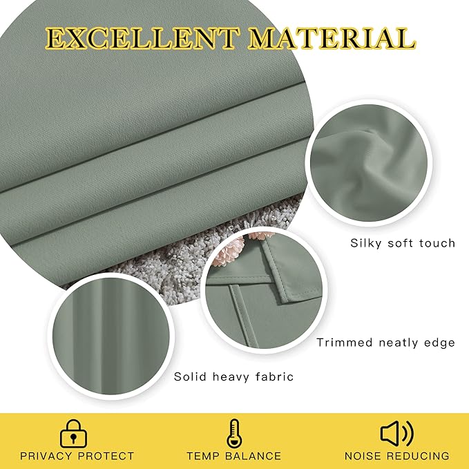 NICETOWN Blackout Curtains 72 inches Long 2 Panels Set - Grommet Thermal Insulated Room Darkening Solid Drapes Sound & Light Blocking for Bedroom/Living Room, Sage Green, W52 x L72