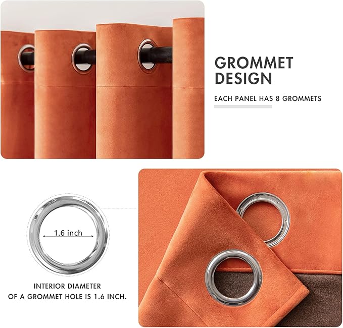 MIULEE Orange Velvet Curtains 96 Inch Length for Fall Thermal Insulated Soundproof Room Darkening Long Blackout Curtains/Grommet Window Drapes Black Out for Theatre/Girls Room Decor Set of 2