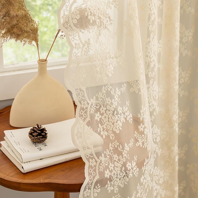 YJ YANJUN Vintage Lace Curtains 72 Inches Long-Victorian Flower Beige Voile Sheer Curtains for Dining Room Bathroom Bay Window Privacy Boho French Country Farmhouse Room Decor 2 Panels 52x72