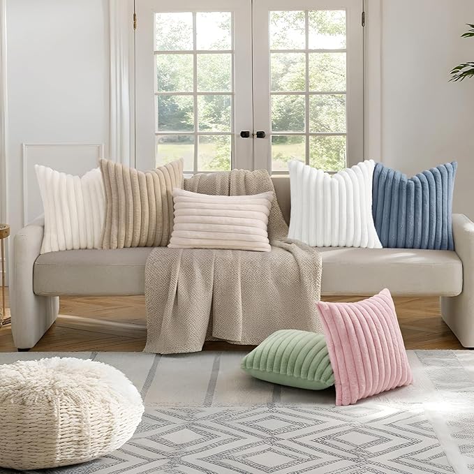 decorUhome Summer Cozy Faux Fur Throw Pillow Covers 12x20 Set of 2 Decorative Soft Plush Striped Lumbar Modern Farmhouse Boho Couch Pillow Cases with Velvet Back for Sofa Bed Living Room, Pink