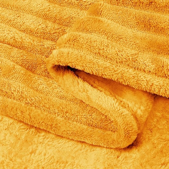 BEDELITE Fleece Blanket Queen Size – 3D Ribbed Jacquard Soft and Warm Decorative Fuzzy Blankets – Cozy, Fluffy, Plush Lightweight Throw Blankets for Couch, Bed, Sofa(Mustard Yellow, 90x90 inches)