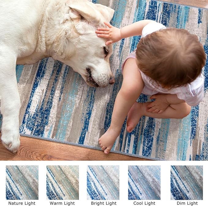 Lansny Abstract Area Rug 3x5 Washable Rugs for Entryway, Non Slip Kitchen Rug Printed Faux Wool Throw Rugs, Soft Floor Carpet Front Door Rug, Door Mat for Entry Entrance Bedroom Office, Blue